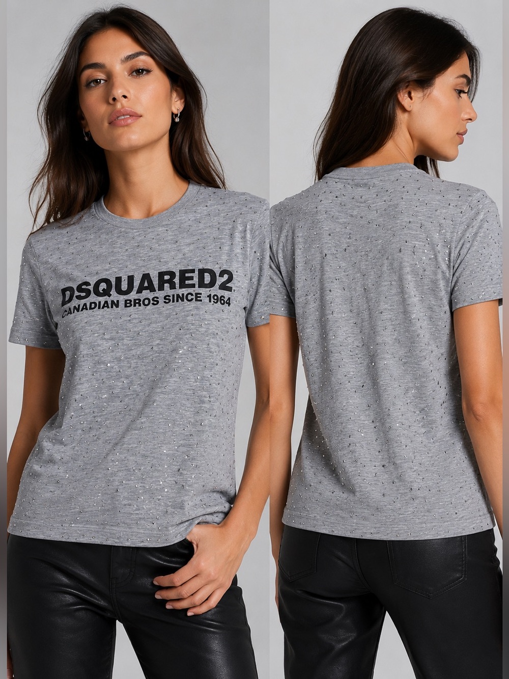 NWT DSQUARED2 Silver Stud Embellished Logo Tee Gray Made In Italy Size S